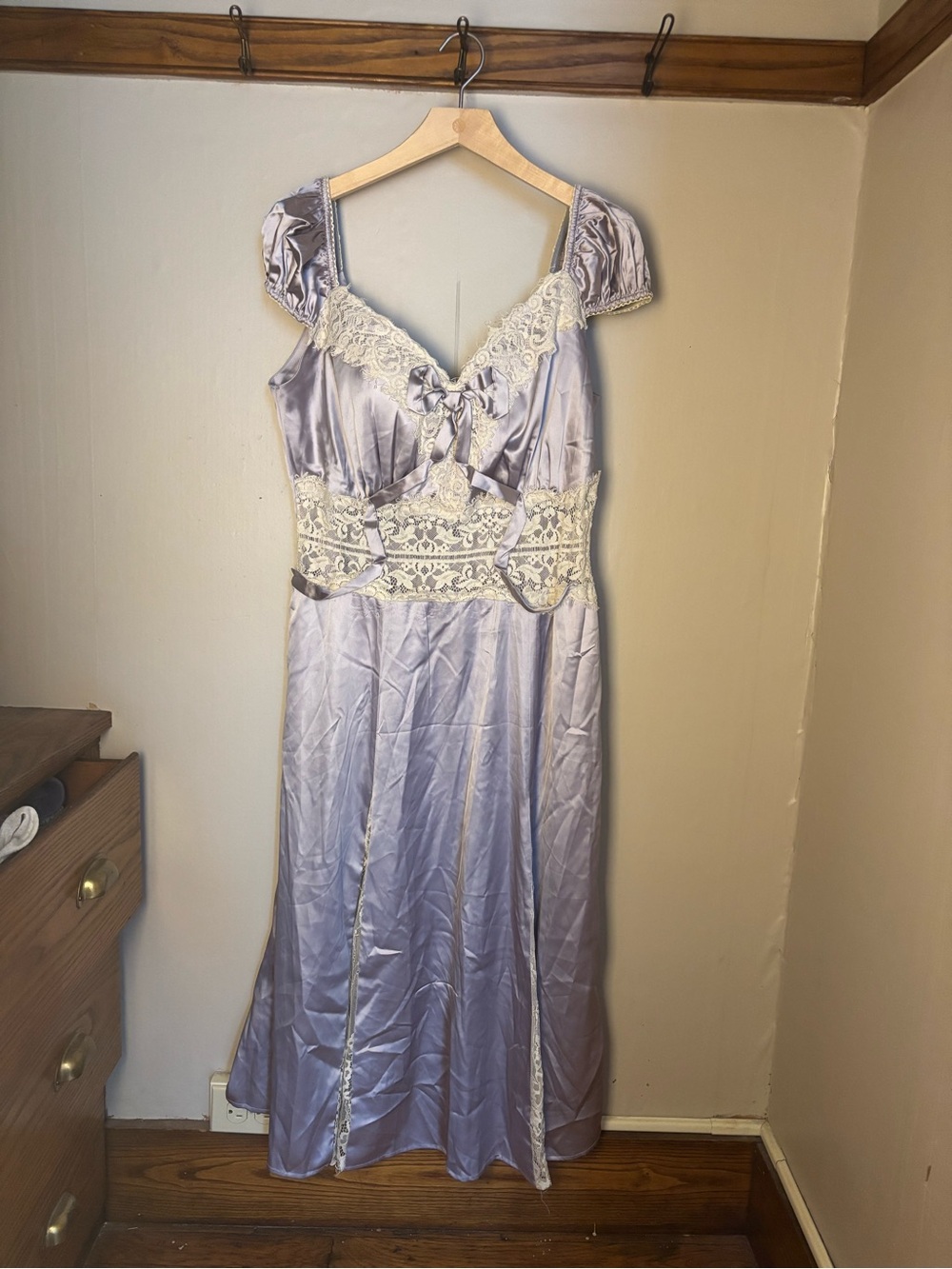 Satin Lace-Trim Maxi Dress in Light Lavender